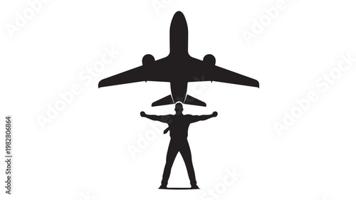 Passenger airplane silhouette with standing traveler isolated