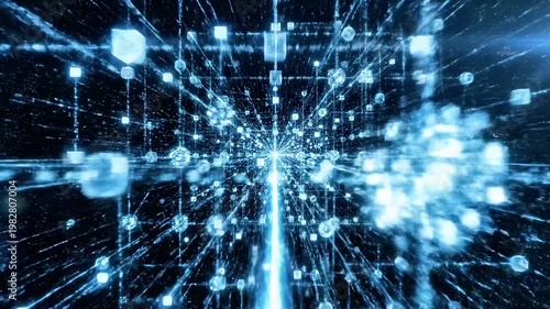 A futuristic digital network visualization with glowing blue nodes and connections on a dark background