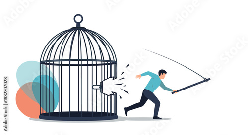 Determined businessman breaks through the bars of a giant birdcage to find freedom and explore new opportunities.