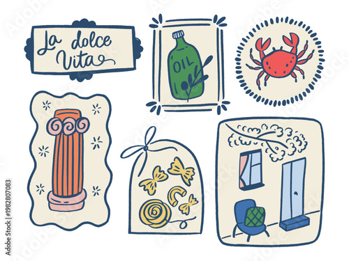 Mediterranean set of hand drawn illustrations. Vector design isolated on a white background. Lettering design, olive oil, crab, pasta, column. 