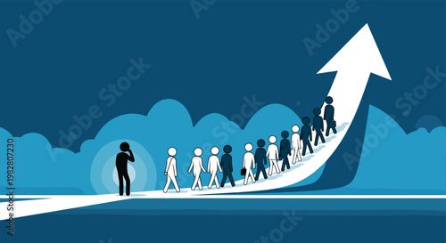 Group of people following a massive rising arrow toward success while one individual stands behind to reflect on choices.