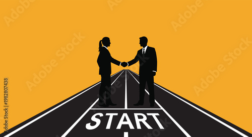 Businessman and businesswoman in silhouette shaking hands at the starting line of a professional running track.