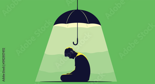 Pensive person sitting on the ground under a black umbrella with a beam of light providing safety and comfort.