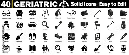 Elderly lifestyle solid icons set. Showcasing retirement living activities, home safety items, mobility solutions, and geriatric health support accessories vector illustrations.