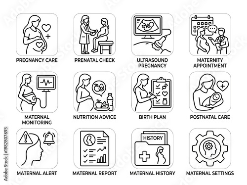 Minimalist line icons set for pregnancy and maternity care, including prenatal check, ultrasound, nutrition advice, birth plan, and postpartum care on white background