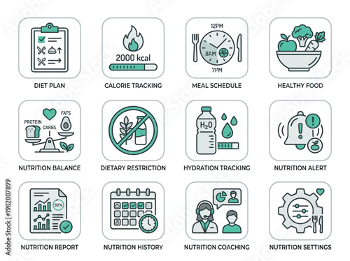 Nutrition icons set including diet plan, calorie tracking, meal schedule, healthy food, nutrition balance, dietary restriction, hydration tracking, nutrition alert, nutrition report, nutriti