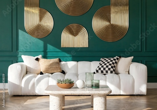 Modern living room with plush white sofa and abstract gold wall art during golden hour