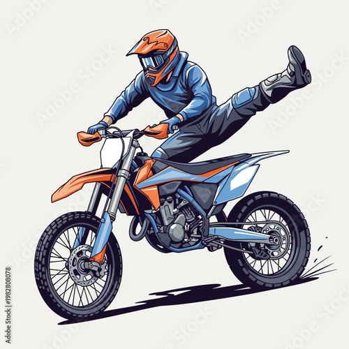 Motocross rider performing a dynamic stunt jump on a dirt bike, action shot