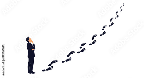 Pensive businessman standing at the bottom and looking up at a long trail of black footprints leading to the sky.