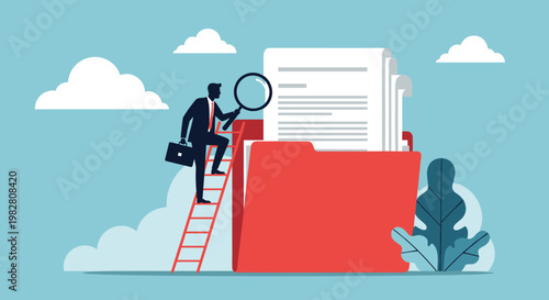 Businessman on a wooden ladder using a magnifying glass to inspect documents inside a giant red folder in the sky.