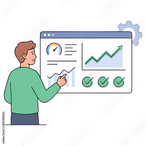 A man presents a line graph on a large computer screen with charts.