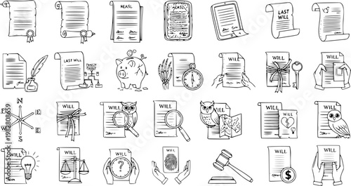 Hand-Drawn Icons Representing Wills, Legal Documents, Estate Planning, and Justice Concepts
