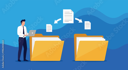 Businessman using his laptop to manage a stream of documents flying between two large yellow office storage folders.