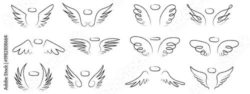 Hand drawn doodle angel wings and halo icon set. Creative collection of divine celestial feathers and heavenly flight symbols for spiritual design. Vector Illustration.
