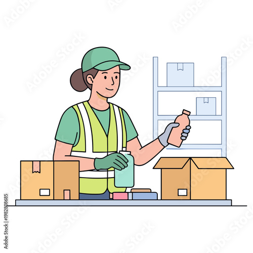 A worker in a warehouse prepares a package while standing near boxes and shelves.