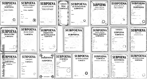 Detailed black and white grid montage of various legal subpoena documents, showcasing different styles and types for court and trial proceedings.