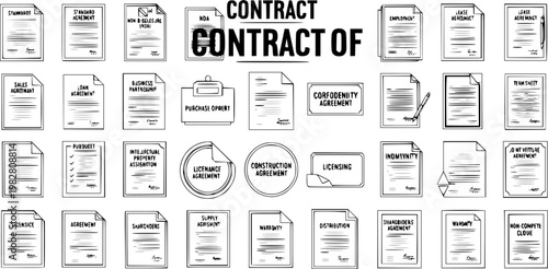 Black and White Line Art Vector Icons of Various Contract Documents and Agreements, Business Concept