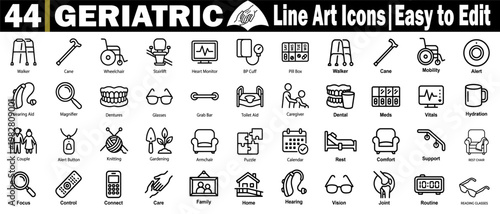 Geriatric healthcare line icons set. with medical equipment, geriatric mobility aids, home safety features, and wellness accessories for elderly patient support vector illustration.