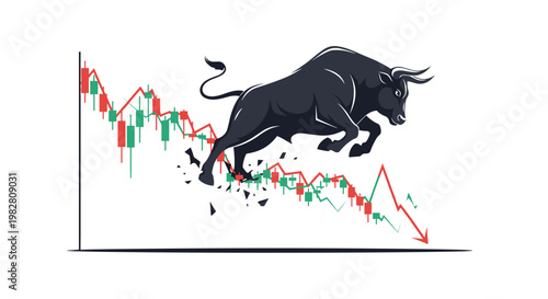 Powerful black bull jumps over a declining stock market candlestick chart with a red arrow pointing downwards.
