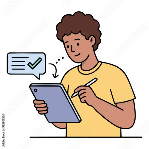 A man is using a tablet with a stylus and smiling at a checklist.
