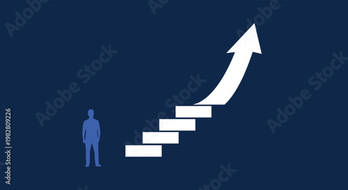 Blue silhouette of a man standing beside white stairs that transition into a large upward pointing arrow on a dark blue background.