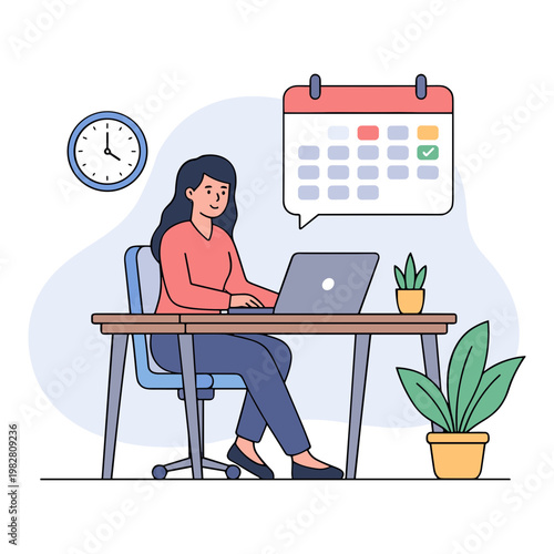 A woman sits at a desk working on her laptop with a calendar and clock nearby.