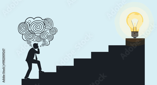 Silhouette of a businessman climbing stairs with a complex tangled thoughts cloud towards a bright glowing lightbulb idea.
