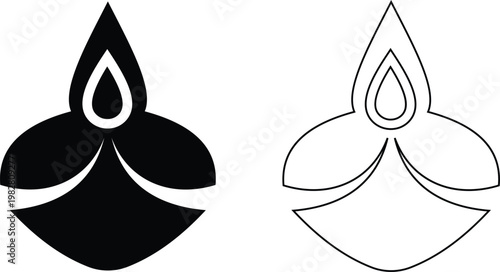 Diya lamp icon set collection group, traditional oil light, candle flame, festival diya, decorative lamp symbols in black flat and line style vector, celebration lighting icons pack