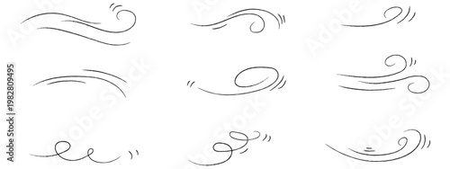 Hand drawn doodle wind gust and swirl motion line set. Creative collection of flowing air current and breeze symbols for weather and movement design. Vector Illustration.