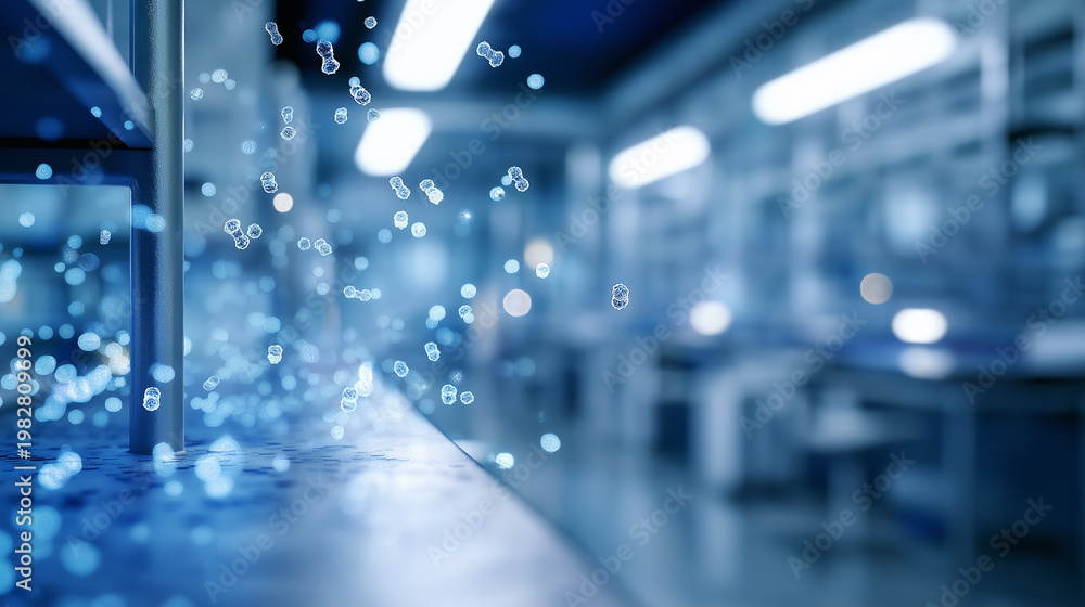 Fototapeta premium Blurred modern laboratory or office corridor with glass walls and cool blue lighting.