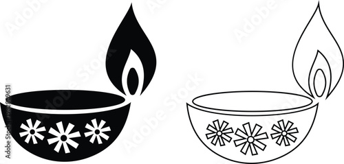 Diya lamp icon set collection group, traditional oil light, candle flame, festival diya, decorative lamp symbols in black flat and line style vector, celebration lighting icons pack
