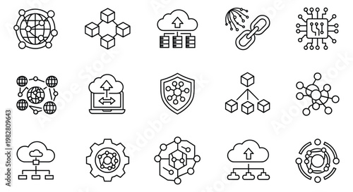 Set of Cloud Computing and Blockchain Technology Vector Icons for Data Management, Cloud Storage, and Network Security