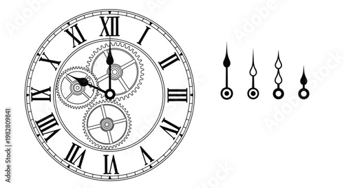 Black and white line art of an old-fashioned clock face with Roman numerals showing internal gears and separate hands.