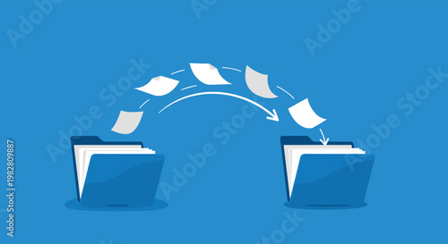 Several white documents flying in an arc from one open blue folder to another on a solid blue background.