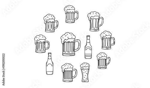 Hand drawn beer mug and bottle doodle icon vector set in simple black and white outline style