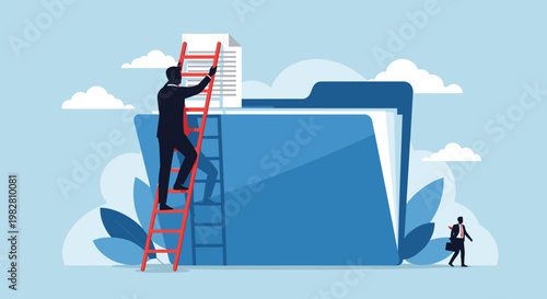 Silhouette of a businessman on a red ladder placing a document into a massive blue file folder under a cloudy sky.