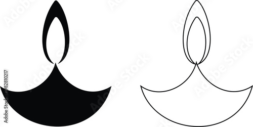 Diya lamp icon set collection group, traditional oil light, candle flame, festival diya, decorative lamp symbols in black flat and line style vector, celebration lighting icons pack