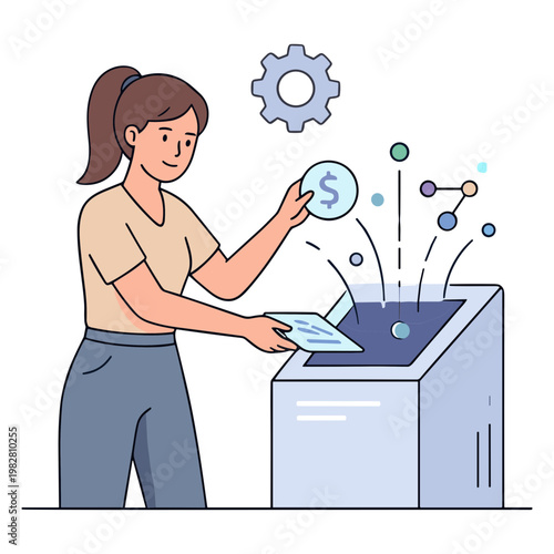 Woman depositing money and documents into a machine with gear and symbols