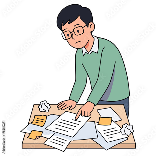 A man in glasses is working on paperwork at a cluttered desk.