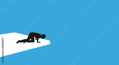 Silhouette of a person crawling on their hands and knees towards the edge of a large white platform into a blue void.