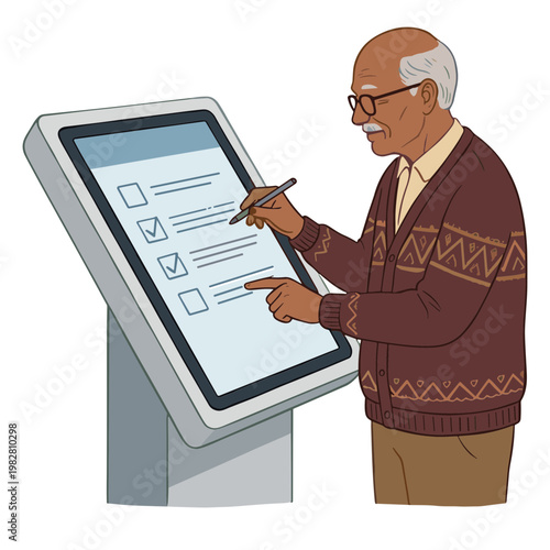 An elderly man interacts with a digital touchscreen kiosk.