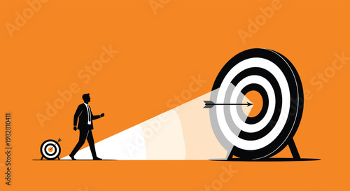 Silhouette of a businessman walking from a small spotlighted target towards a massive one with an arrow in the bullseye.