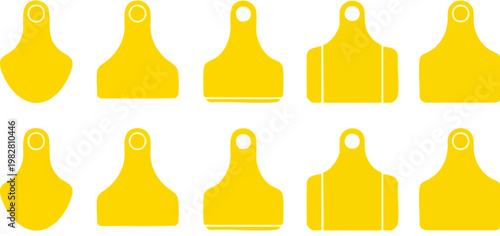 Yellow livestock ear tags set, 10 plastic cattle identification markers, blank farm animal tracking labels, agricultural equipment vector icons