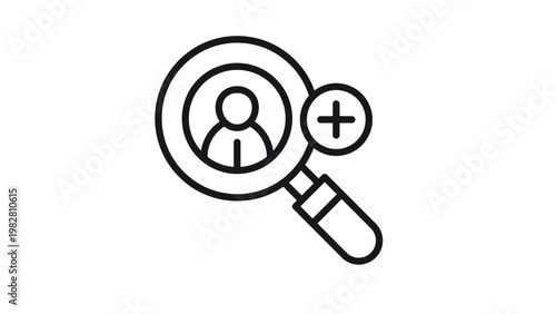 Black line vector icon of a magnifying glass focusing on a person silhouette with a plus sign, representing recruitment, hiring, adding a user, or talent search in a clean minimalist style.