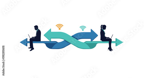 Businessman and businesswoman with laptops sitting on two crossing arrows with wifi symbols between them.