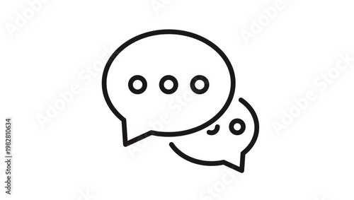 Minimalist black line vector icon of two overlapping speech bubbles, one featuring a typing indicator and the other a smiley face, perfect for communication, messaging, and customer support.