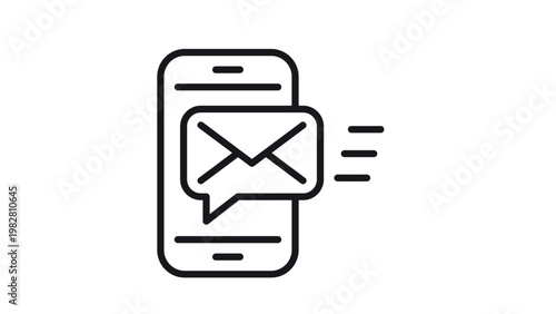 Smartphone with email message notification icon. Black line art vector illustration of a mobile phone sending or receiving a mail envelope in a speech bubble, symbolizing digital communication.