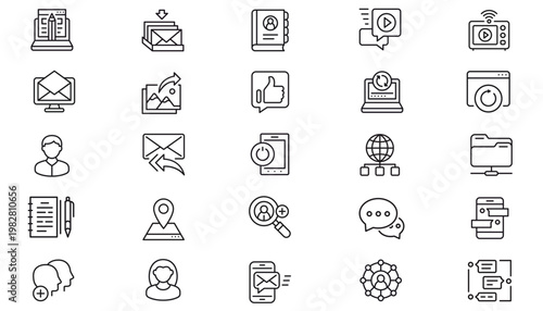 25 Black Vector Icon Set Collection Bundle: Minimalist Symbols for Web Design, Social Media, Communication, Technology, Business, UI UX, Email, Laptop, Smartphone, User Avatars, Chat, and Network