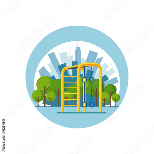 Urban playground with monkey bars and rings in a city park, surrounded by trees and skyscrapers
