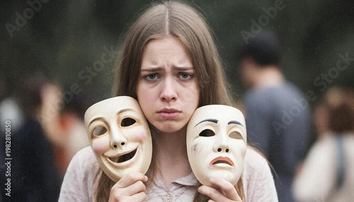 Two masks in the hands of a young woman symbolize the contrast of emotions and are associated with theater and acting. The background is blurred, and the silhouettes of other people are visible